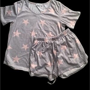 Gray and Pink Star Pajama Set with Short Sleeves